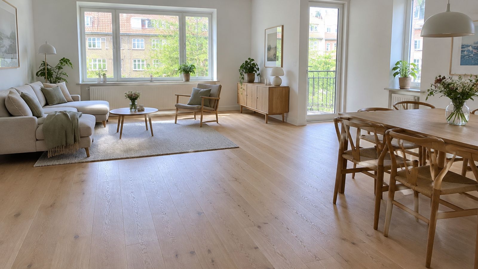 Dansk stueplan med nyslibet og lakket plankegulv