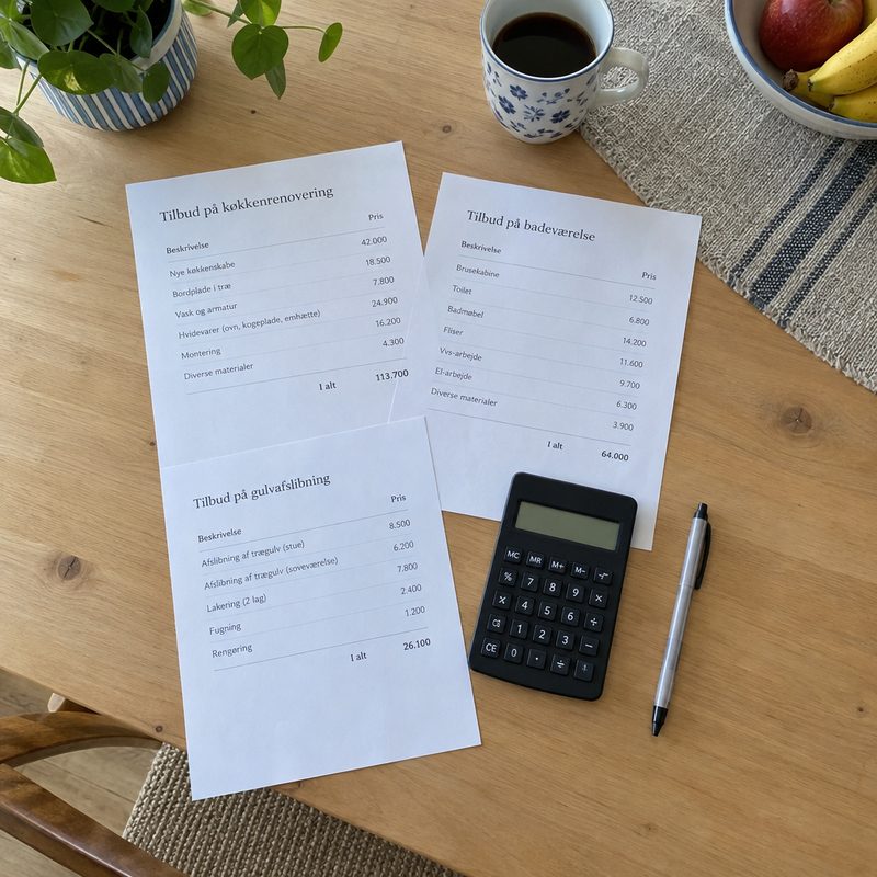 Køkkenbord med gulvtilbud, lommeregner og kvitteringer til regnskabet